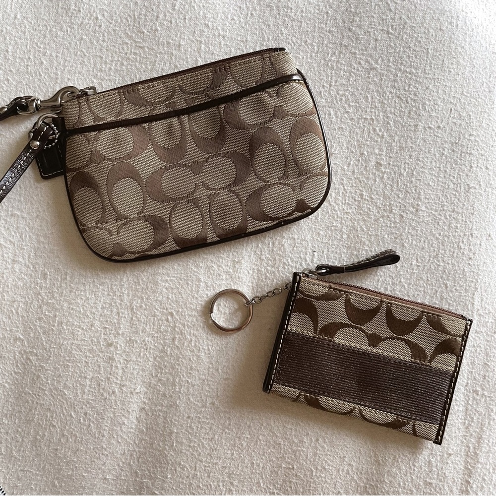Coach C Print Brown Tan Matching Wristlet and Card Holder Wallet
